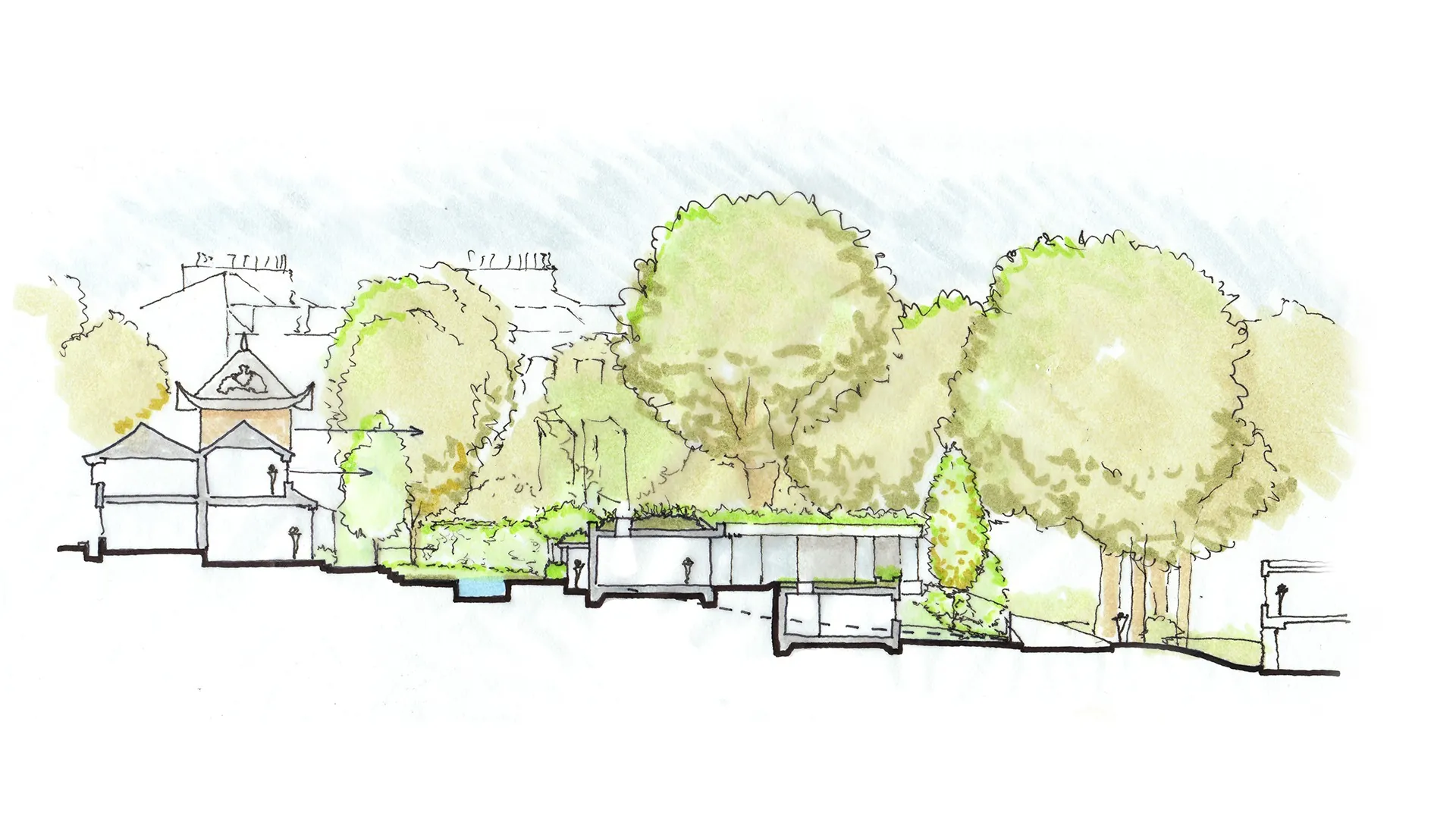 Illustrated garden and architecture design with trees