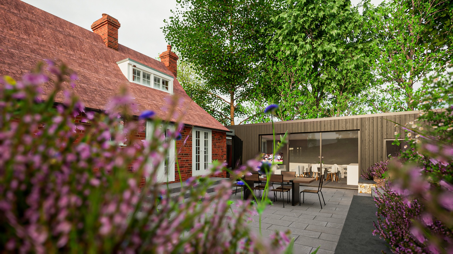 Blanche Lane-Proposed Rear Terrace View of the grade 2 listed building with historic red clay tiles to the roof new openings with glazed french double doors onto a new sunken courtyard terrace with soft and hard landscaping treatment to soften the changes in levels glazed link to the new build single storey rear side extension with timber cladding glazed sliding doors green roof set amongst the trees in redevelopment development extensions in the green belt-CGI