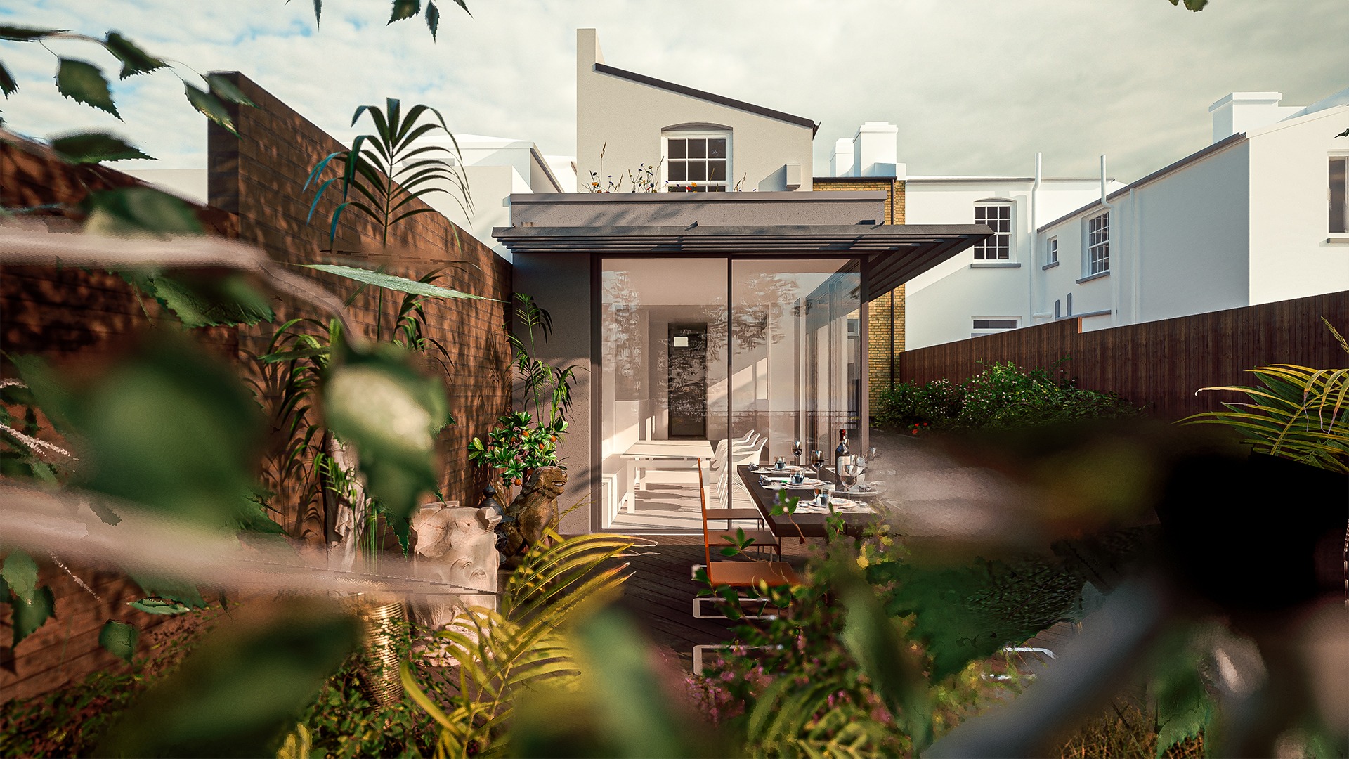 Fairfield Grove-Proposed Rear Elevation showing the new flat roof single storey rear dining room and kitchen extension with corner glazed sliding doors timber louvre brise soleil render stucco and brickwork with new sash windows-CGI