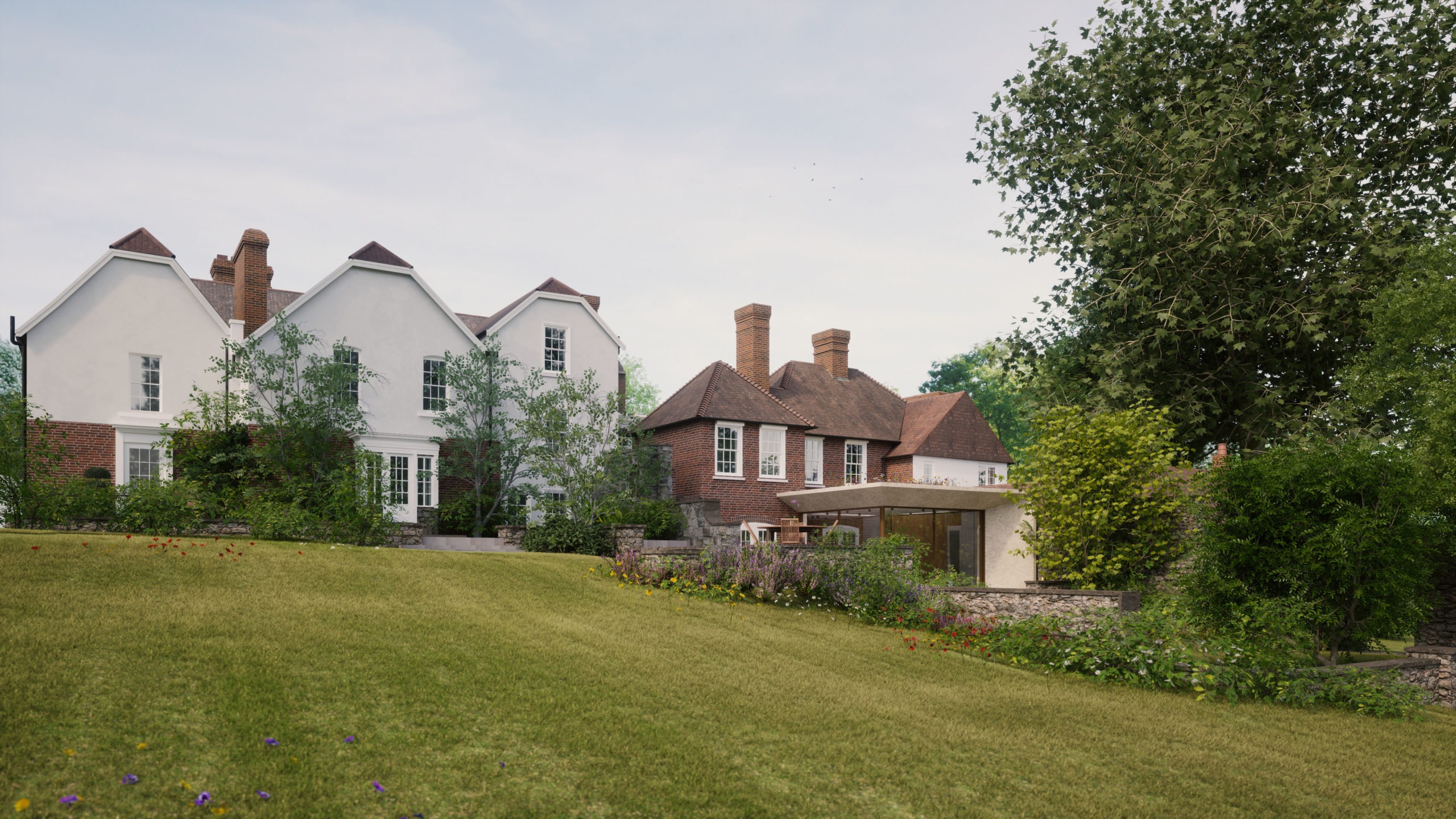 Charming countryside house with lush garden landscape. Contemporary rear extension to Grade II listed building in Conservation Area. Proposed by Conservation Architects. Listed Building Consent and Planning Permission were sought by client through listed building specialist