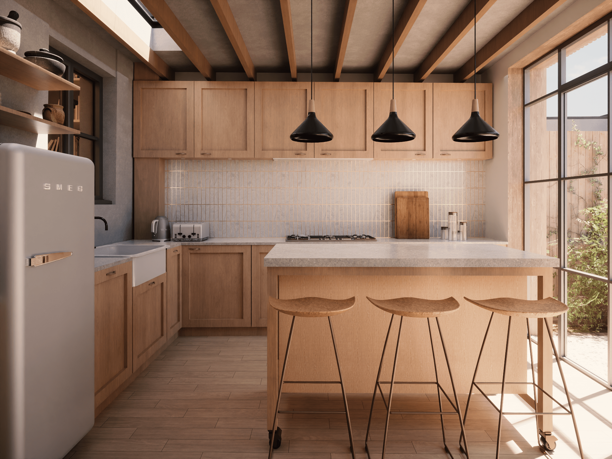 Royal Hill Proposed Modern kitchen extension to a Grade II listed building in Greenwich London with wooden cabinets and island. Planning CGI image by conservation architect
