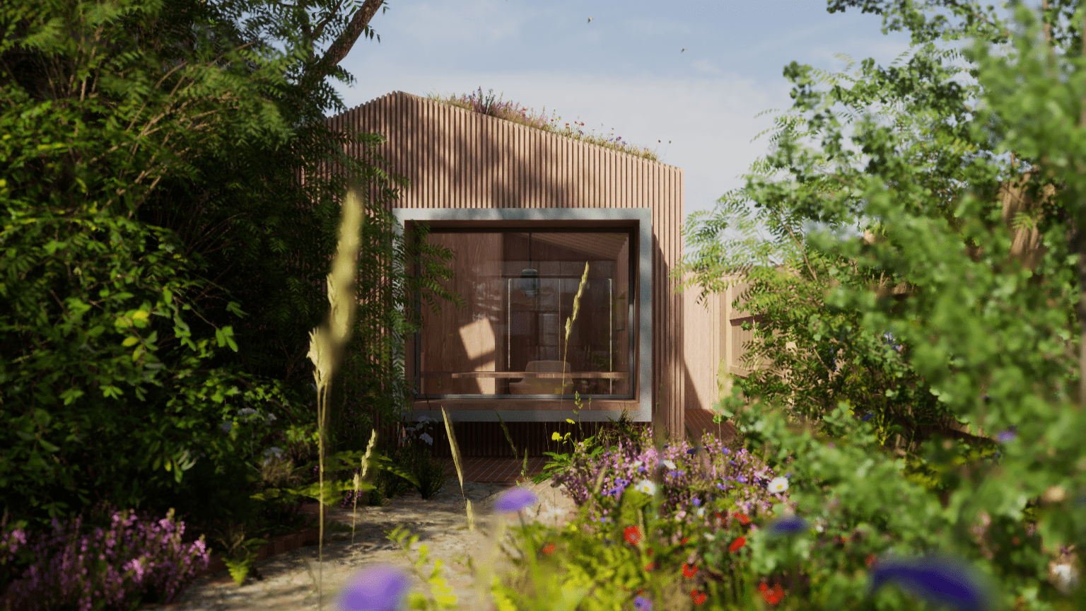 Modern vertical timber clad outbuilding garden room among lush greenery in Greenwich Conservation Area