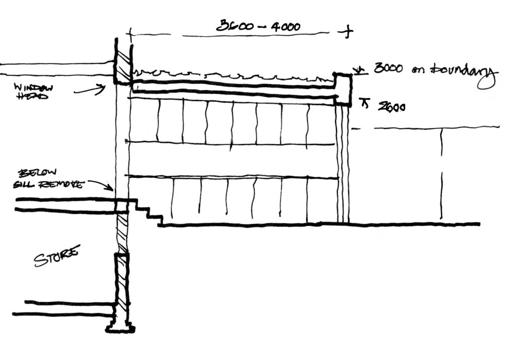 Hand-drawn architectural building cross-section diagram