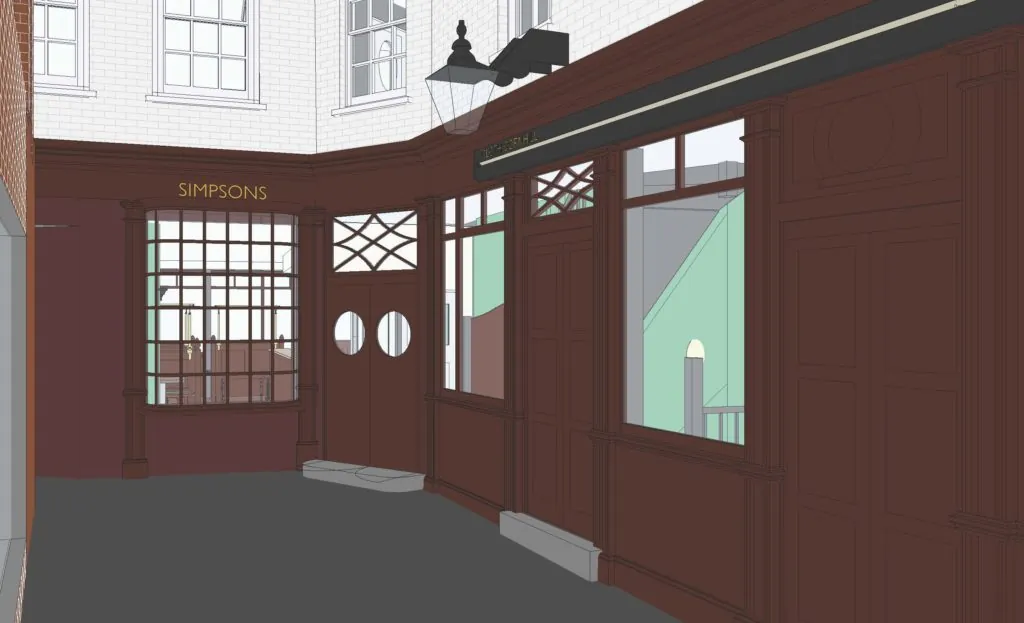 Grade II listed building chophouse in Cornhill, Bank London. 3D drawing of Simpson's Tavern, Ball Court Elevation with timber panelling and historic bay window