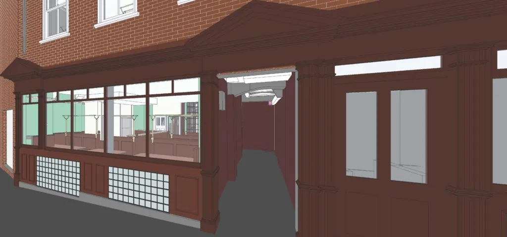 Architectural rendering of shopfront with glass windows.