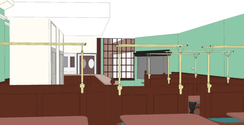Interior design of traditional chophouse pub seating area.