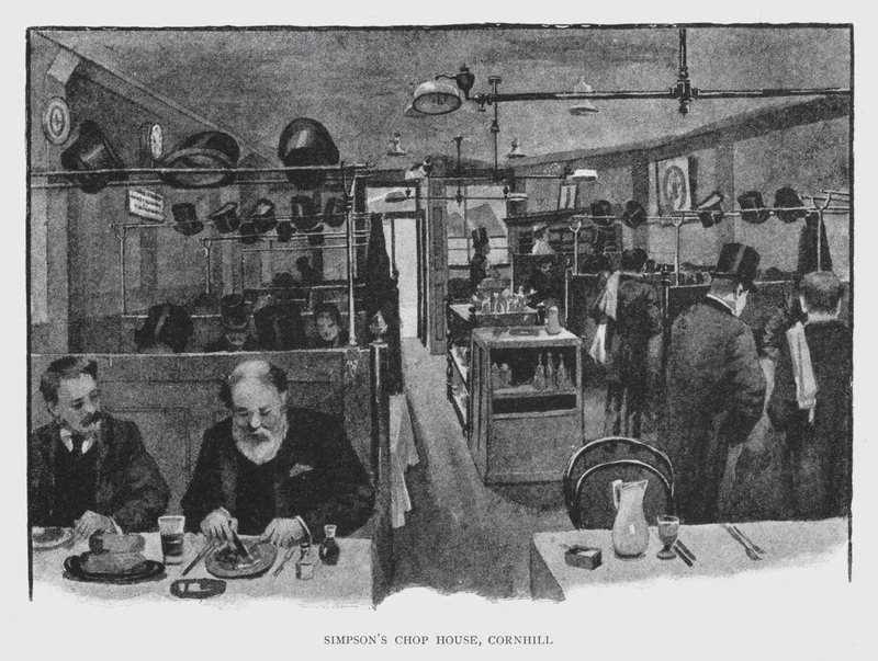 Victorian-era men dining at Simpson's Chop House.
